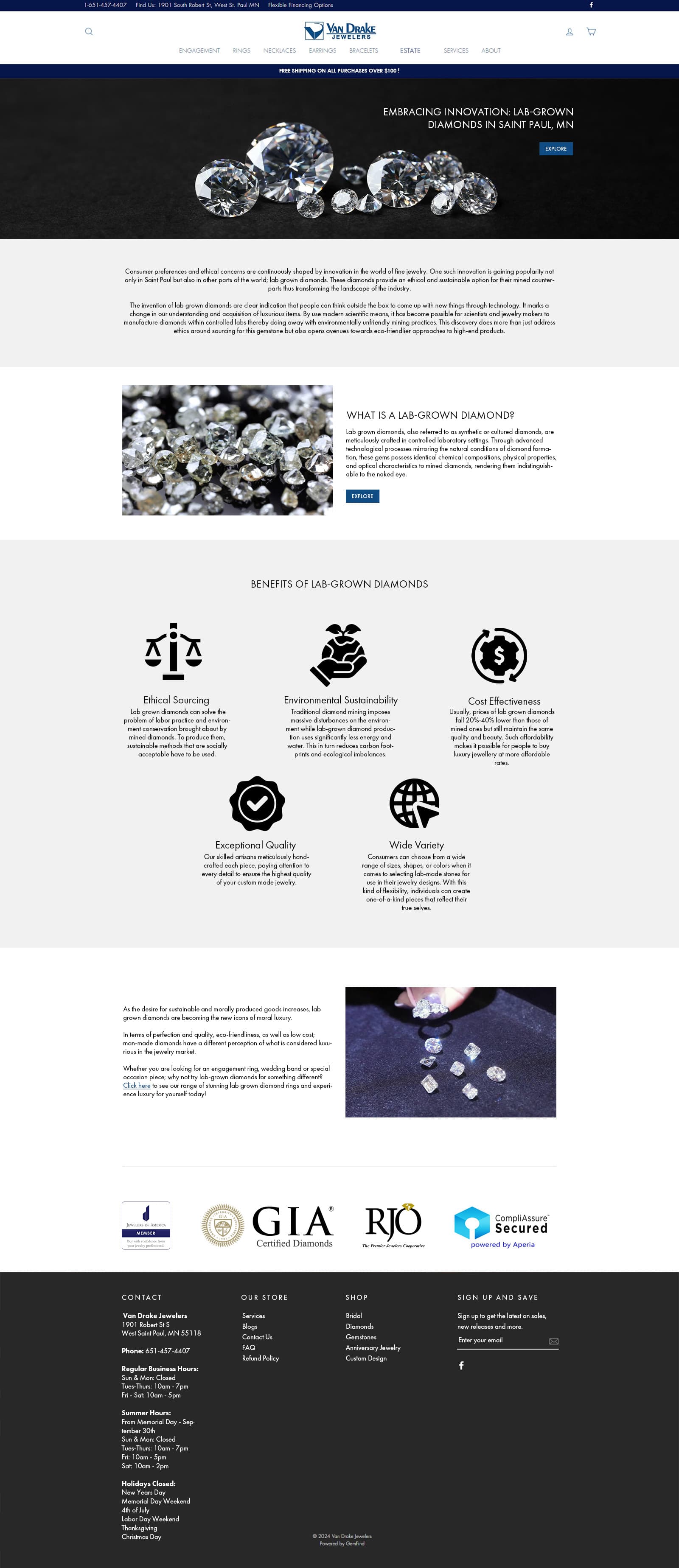 Van Drake Jewelers website page design explaining lab-grown diamonds, their benefits, and a product exploration link.